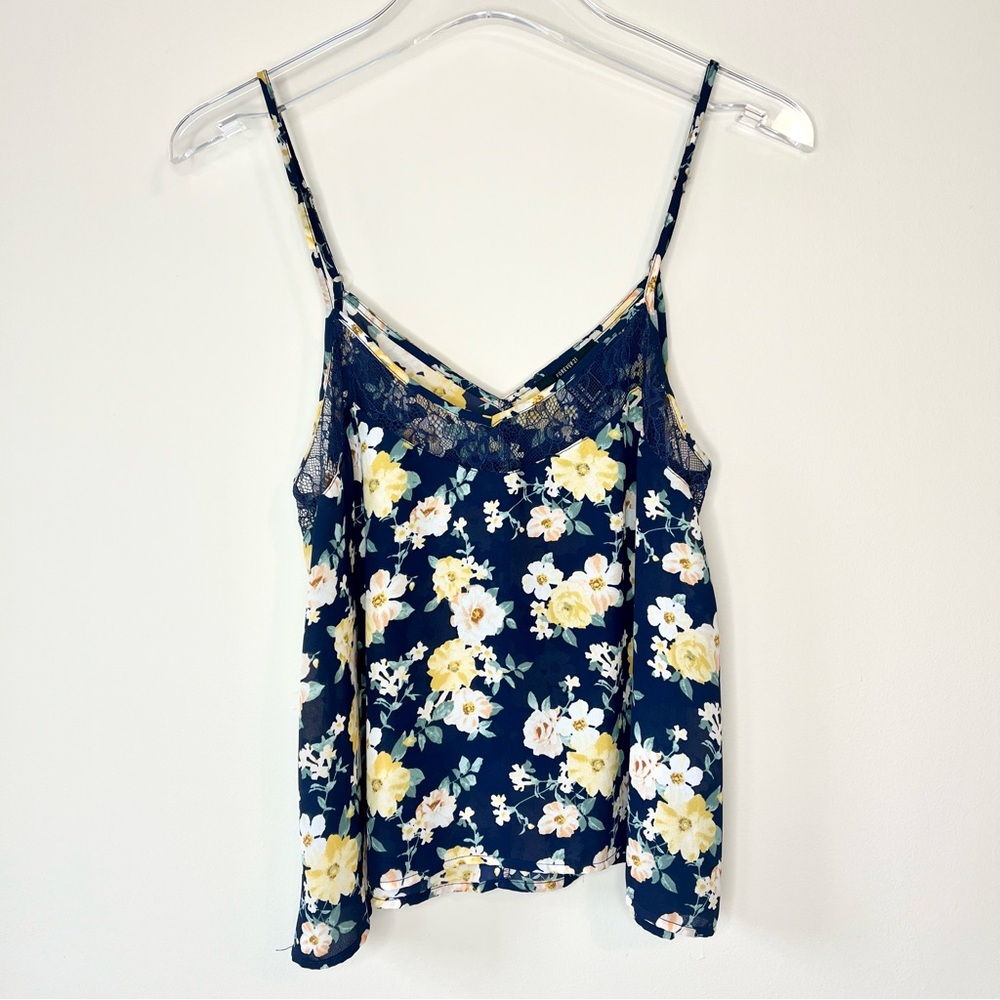 Forever 21 Navy Blue Yellow Floral Print Lace Trim Tank Top Size M